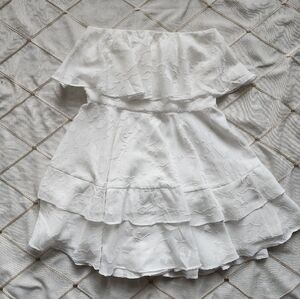 Lulus White‎ Strapless Tiered Mini Dress Small Floral Jacquard Textured Bridal